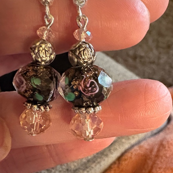 Hand Crafted Silver and Pink Floral Beaded Earrings - Picture 2 of 2